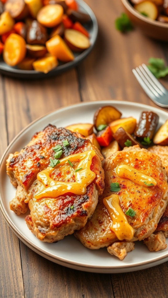 Golden-brown air fryer mayo pork chops garnished with herbs, served with roasted vegetables on a rustic table.